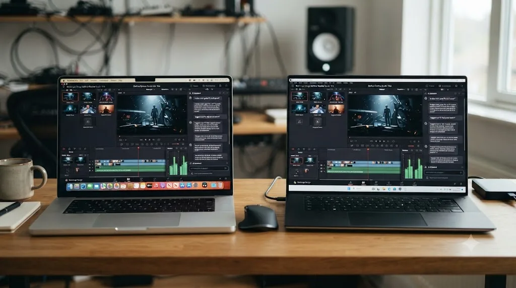 Illustration comparing DaVinci Resolve on macOS and Windows both running the same AI assistant chat plugin