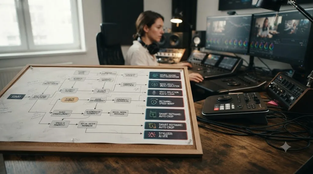 Illustration of a decision flowchart matching editor types and needs to the right AI assistant for DaVinci Resolve
