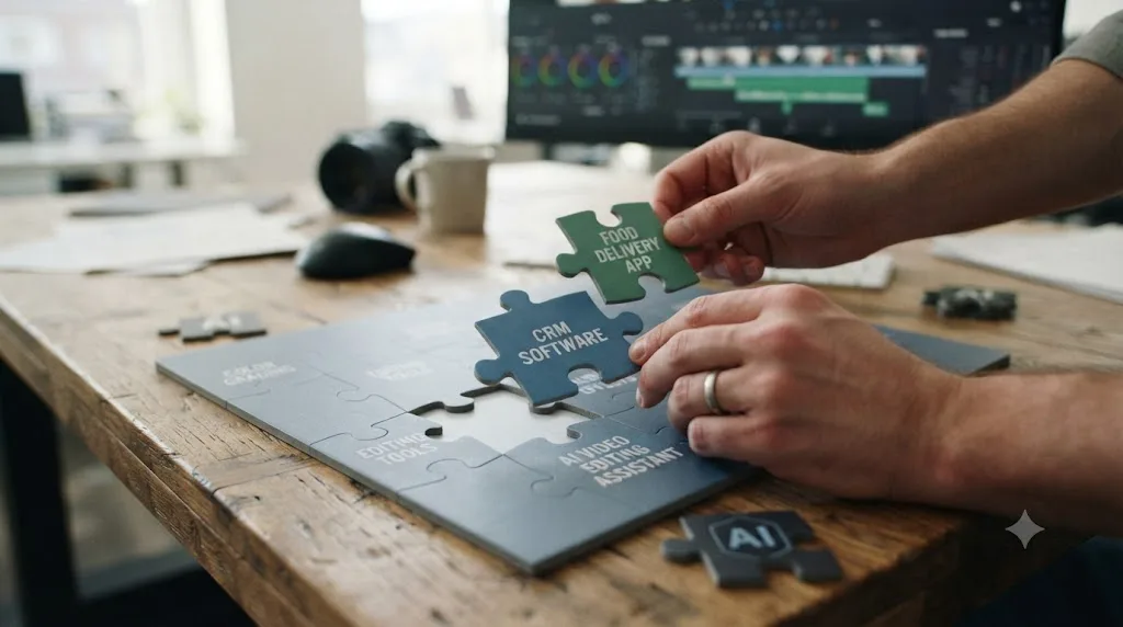 Illustration of mismatched puzzle pieces failing to fit into a DaVinci Resolve editing assistant category