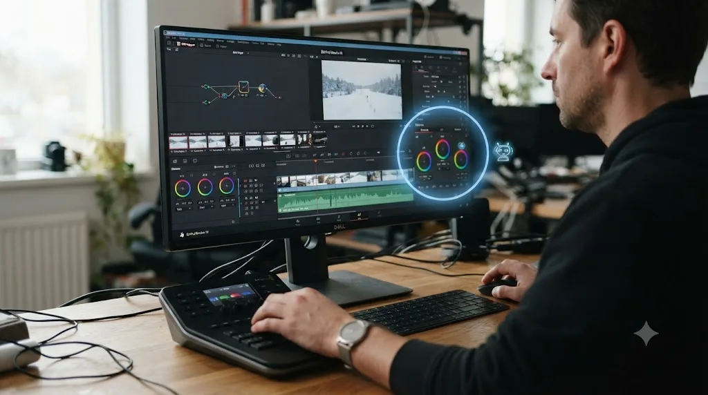 Illustration of an AI tutor overlay circling a control on a DaVinci Resolve screen to teach rather than automate