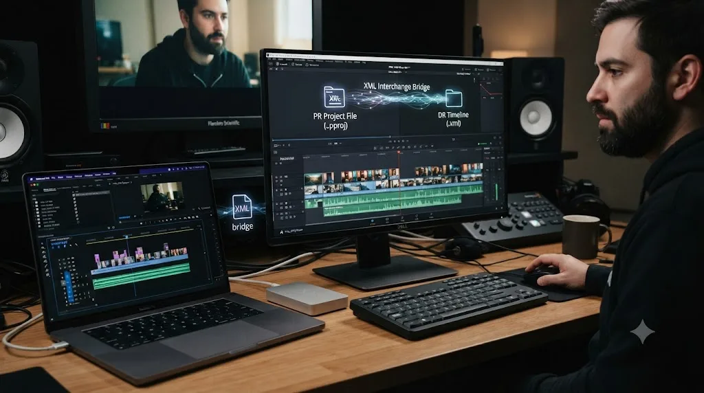 Illustration of a Premiere Pro project file converting through an XML interchange bridge into a DaVinci Resolve timeline