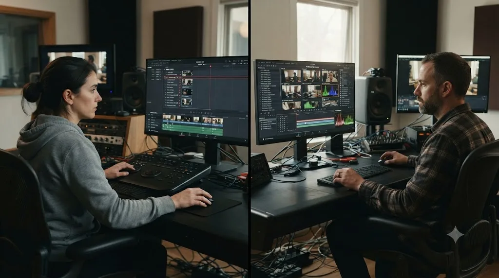 Illustration of two editors reviewing AI-proposed edit summaries inside DaVinci Resolve
