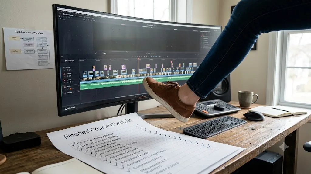 Illustration of next steps after finishing a DaVinci Resolve course