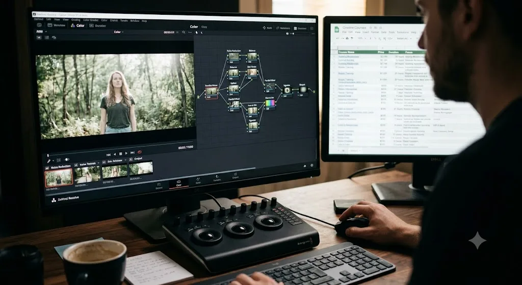 Illustration of a node-based color grading lesson on a DaVinci Resolve Color page