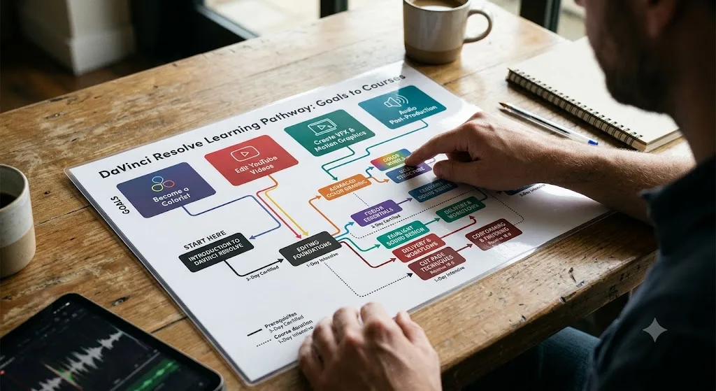 Illustration of a decision map matching learning goals to different DaVinci Resolve courses