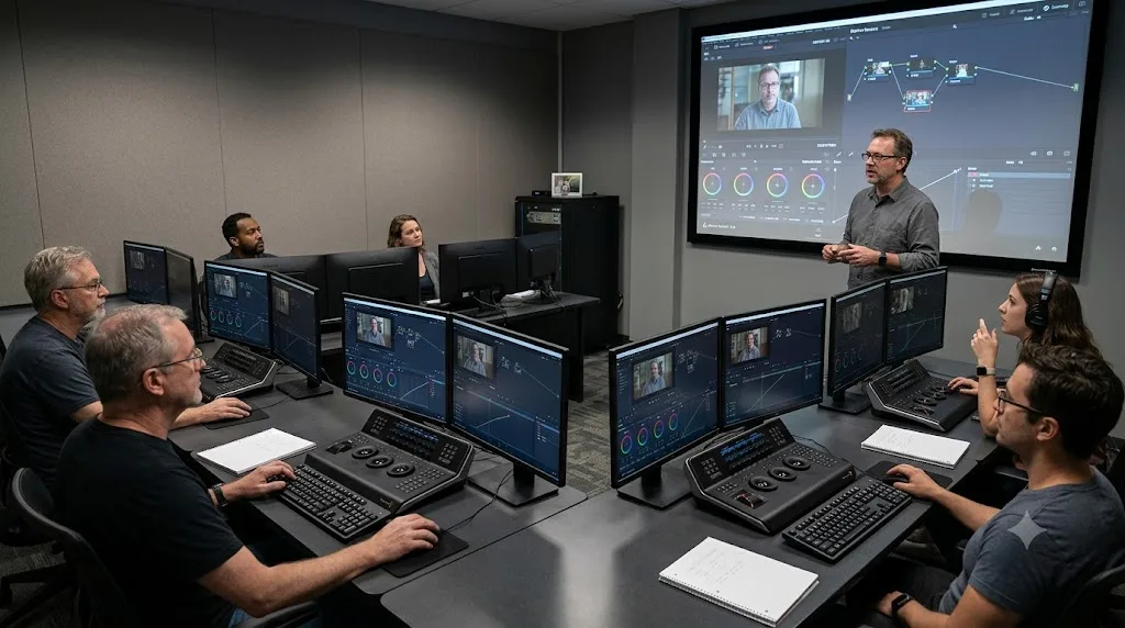 Illustration of an in-person DaVinci Resolve training class with an instructor