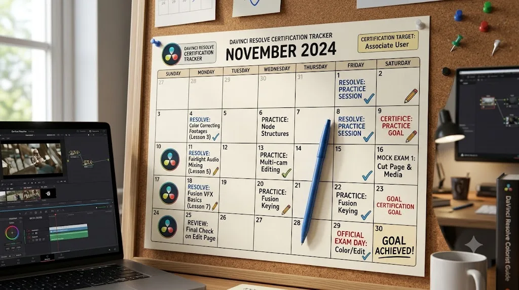 Illustration of a learning schedule calendar for DaVinci Resolve practice