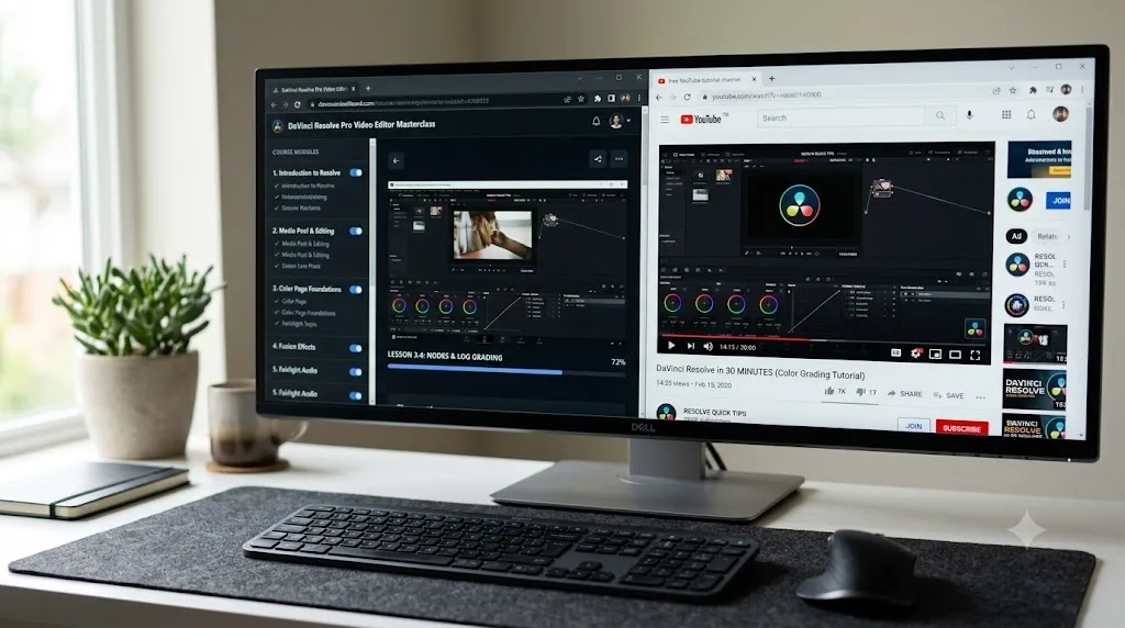 Illustration of a video course library open next to a free YouTube tutorial channel
