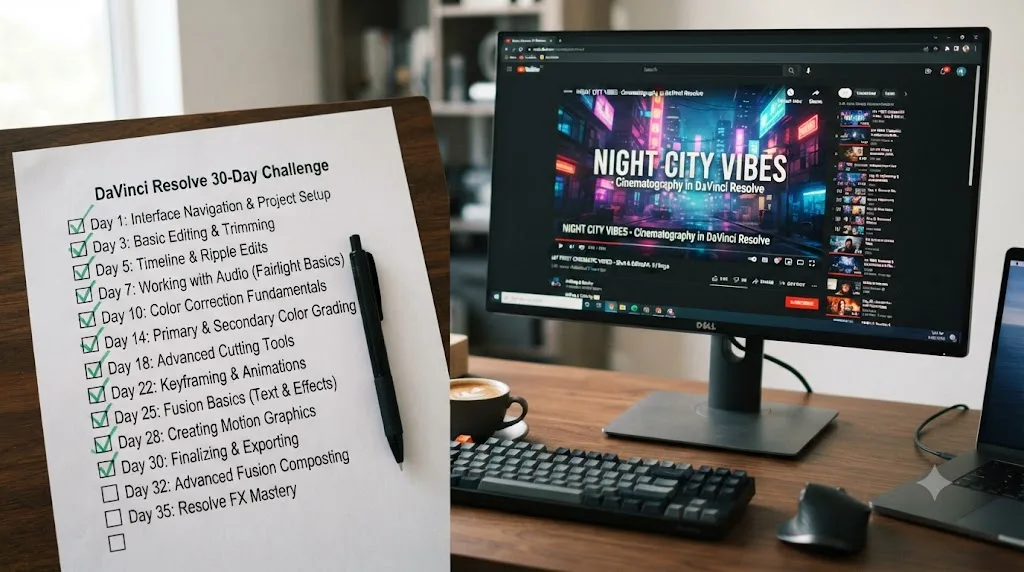Illustration of a checklist showing realistic DaVinci Resolve skills achieved after a 30-day learning plan