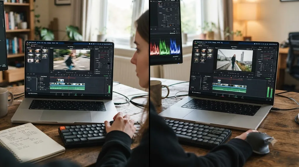 Illustration comparing a struggling laptop and a smoothly running laptop during a 30-day DaVinci Resolve learning plan