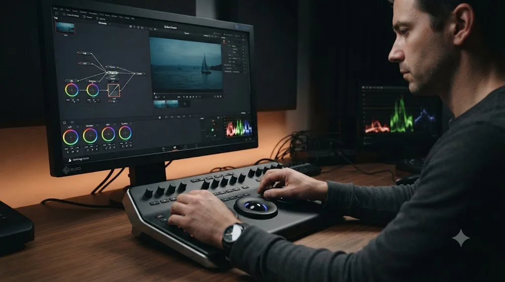 Illustration of a compact color grading control panel in use