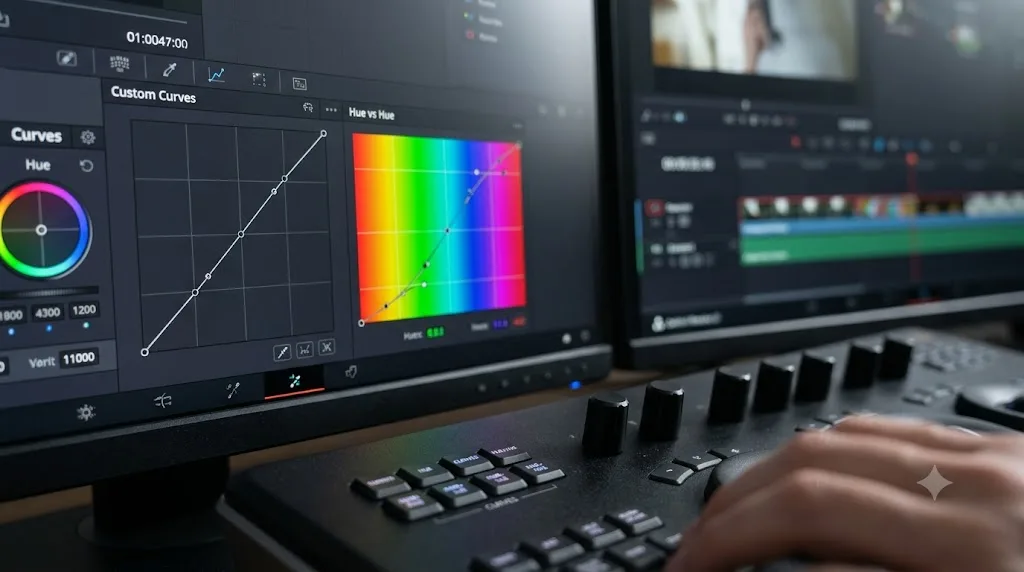 Illustration of the custom and hue versus hue curves in DaVinci Resolve