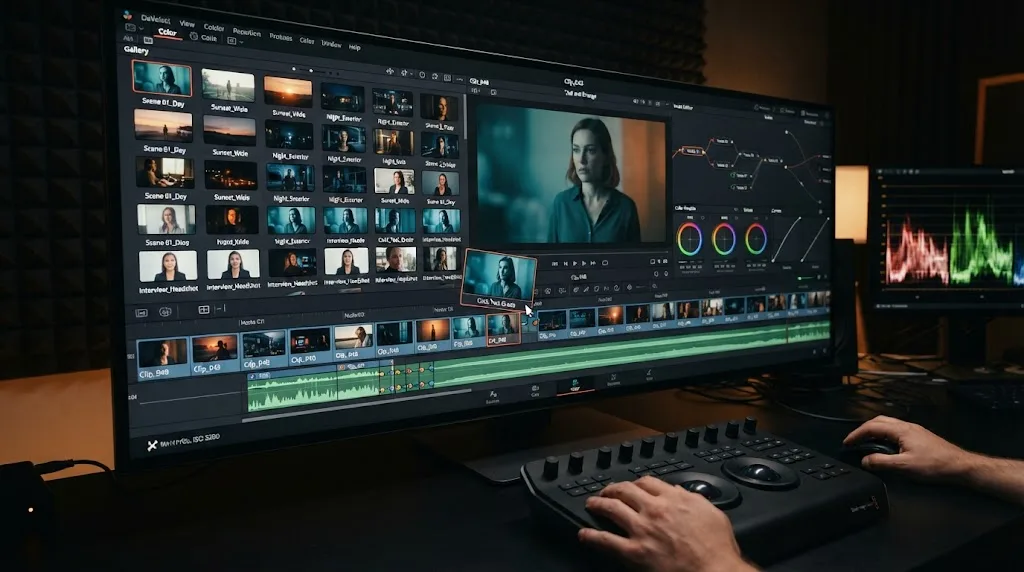Illustration of saved grade stills in the DaVinci Resolve color gallery