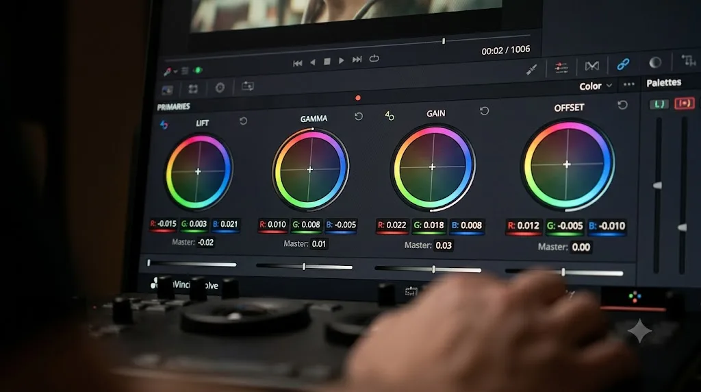 Illustration of the Lift, Gamma, and Gain color wheels in the DaVinci Resolve Color page