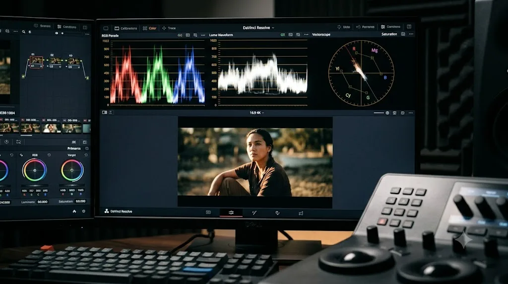 Illustration of the waveform, vectorscope, and parade scopes in DaVinci Resolve