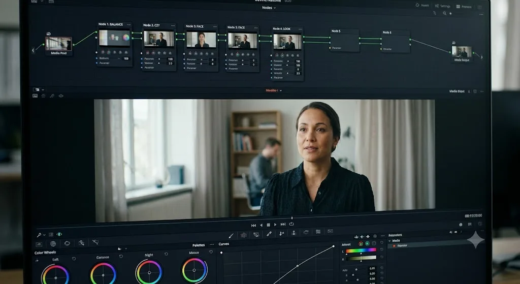 Illustration of a labeled node chain for a complete basic grade in DaVinci Resolve
