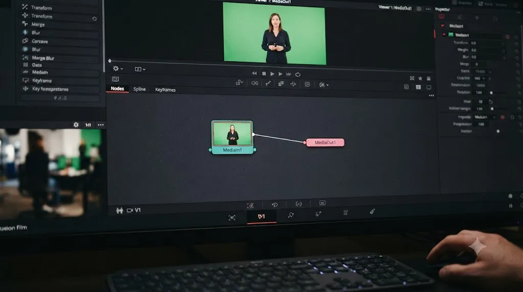 Illustration of a DaVinci Resolve Fusion page showing a single MediaIn node representing a compound clip or nested timeline