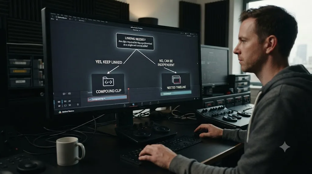 Illustration of a decision tree choosing between a compound clip and a nested timeline in DaVinci Resolve