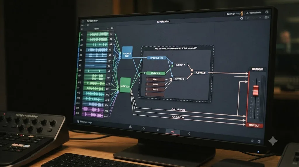 Illustration of DaVinci Resolve Fairlight Sub and Aux bus routing flowing through a nested timeline