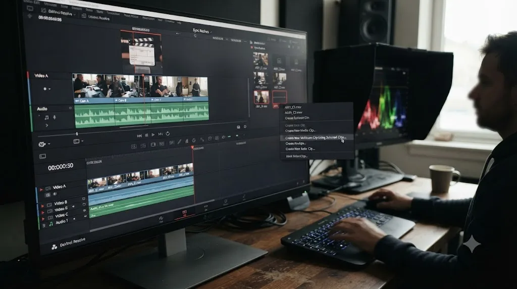 Illustration of a manually synced timeline being converted into a multicam clip in DaVinci Resolve's Media Pool