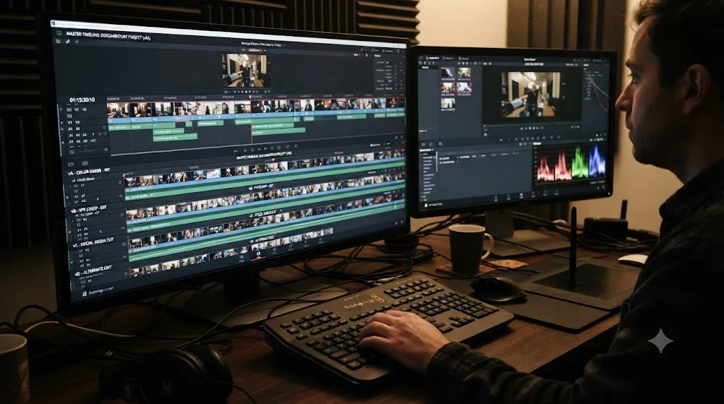 Illustration of a master timeline feeding several alternate versioning timelines that update automatically in DaVinci Resolve