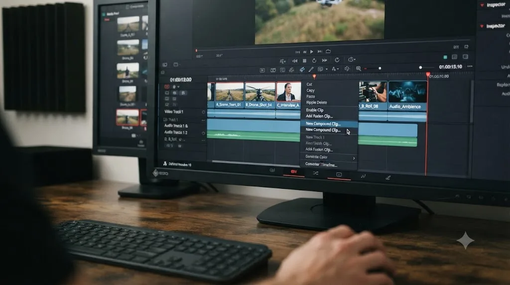 Illustration of several DaVinci Resolve timeline clips being bundled into a single compound clip