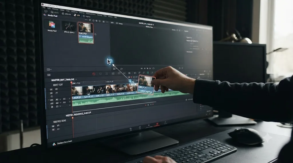 Illustration of a DaVinci Resolve timeline being dragged into another timeline as a linked nested clip