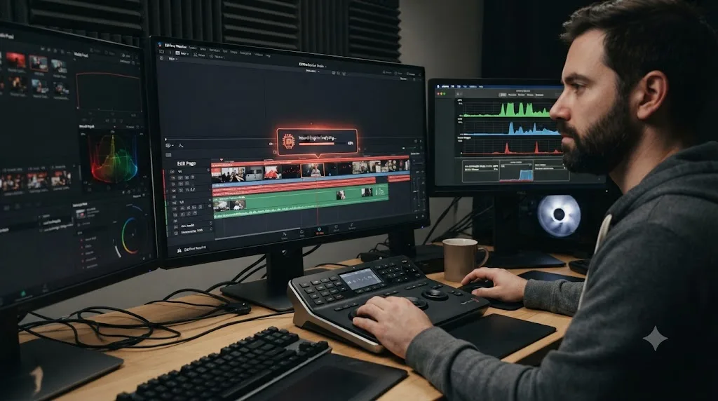 Illustration of DaVinci Resolve's AI tools drawing extra processing power from the Neural Engine