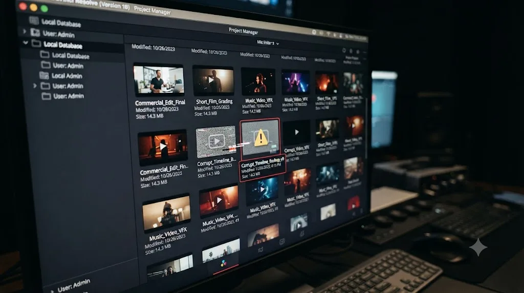 Illustration of a corrupted project file flagged with a warning icon in DaVinci Resolve's Project Manager