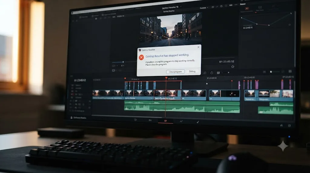 Illustration of a DaVinci Resolve crash error dialog appearing over an editing timeline