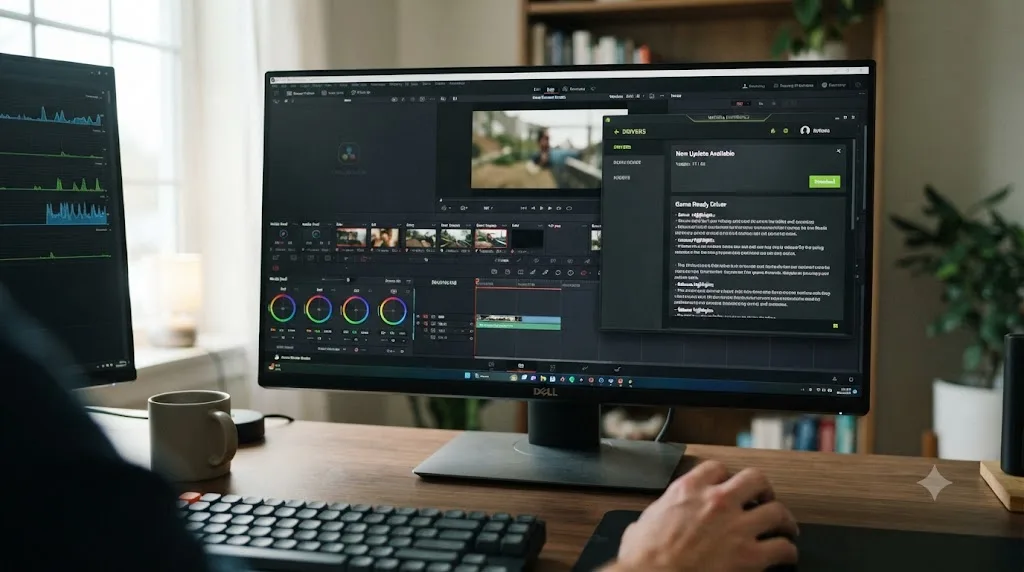 Illustration of a graphics driver update screen running next to a DaVinci Resolve window