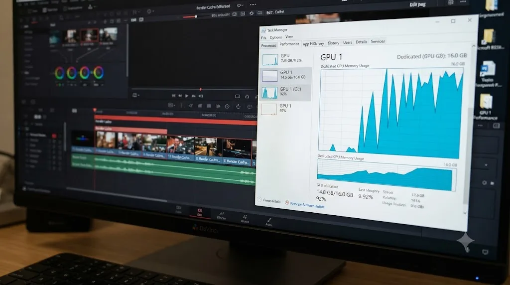 Illustration of a VRAM usage gauge filling up while DaVinci Resolve renders a timeline