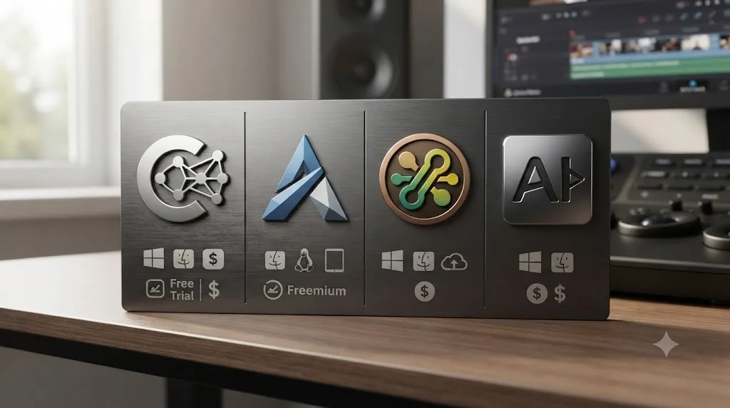 Illustration of a comparison grid of AI video editing tool icons with platform and pricing details beneath each