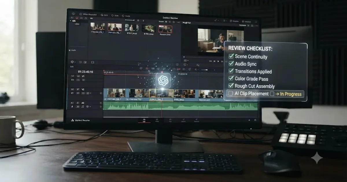 Illustration of an AI agent icon moving clips along a DaVinci Resolve timeline on a Mac screen