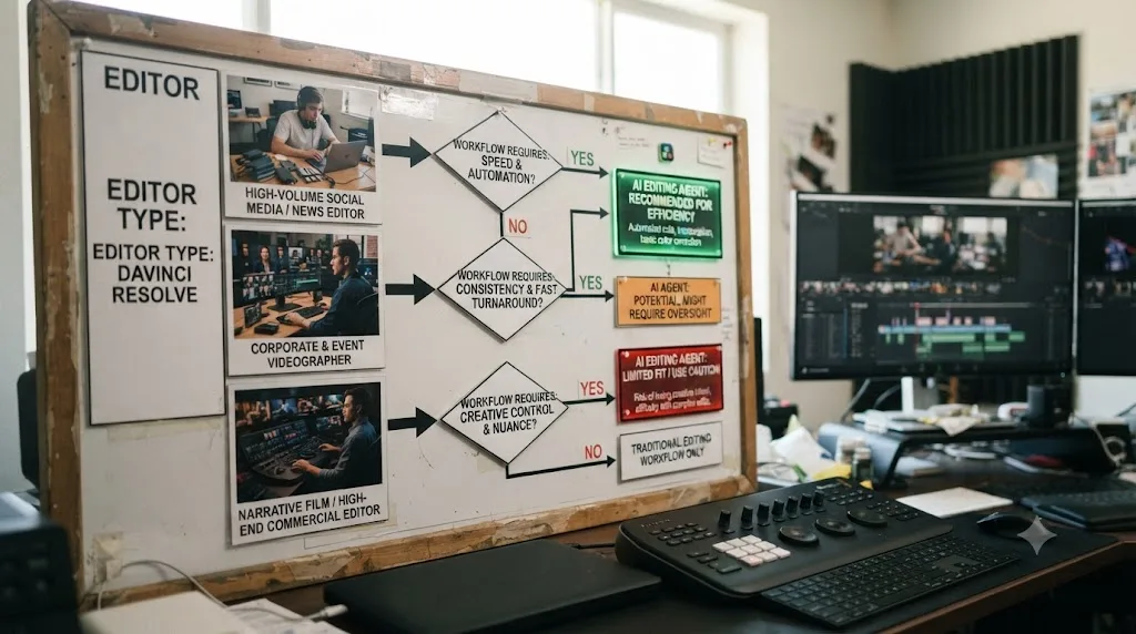 Illustration of a decision chart matching different DaVinci Resolve editor types to whether an AI editing agent fits them
