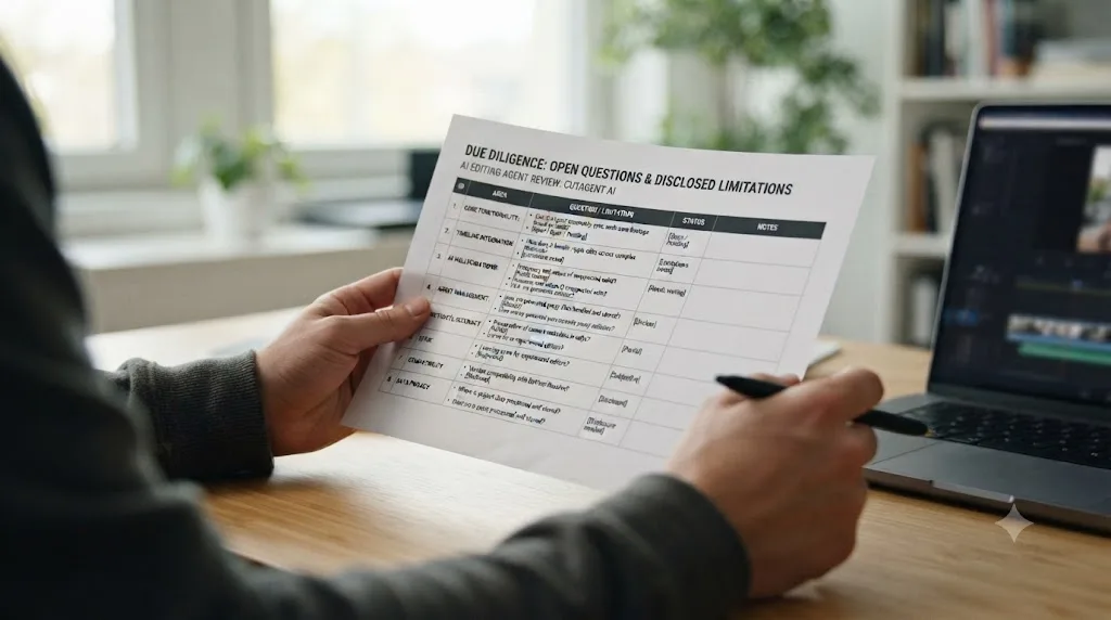 Illustration of a due-diligence checklist listing open questions about a new AI editing agent