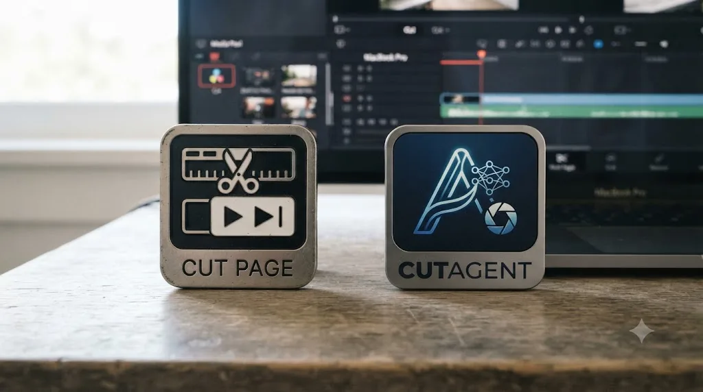 Illustration distinguishing DaVinci Resolve's built-in Cut page icon from the third-party CutAgent app icon