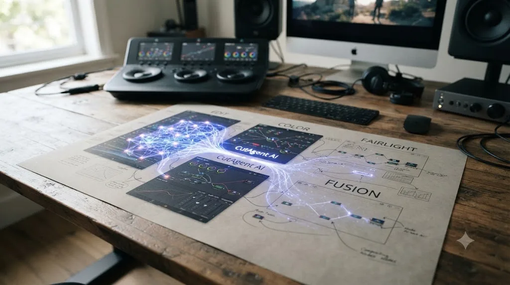 Illustration of DaVinci Resolve's pages with an AI agent's actual reach highlighted unevenly across Edit, Color, Fairlight, and Fusion