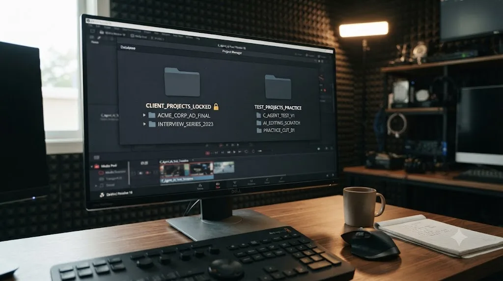 Illustration of a labeled test project kept separate from a locked client project folder in DaVinci Resolve