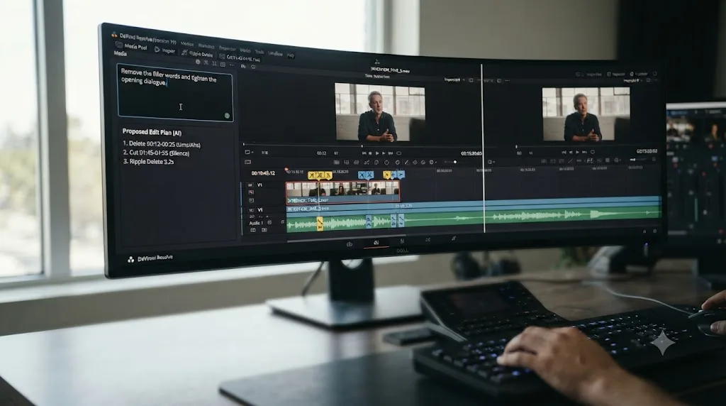Illustration of a step-by-step flow from a typed instruction to a reviewed edit plan on a DaVinci Resolve timeline