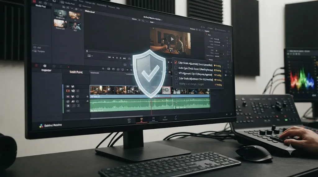 Illustration of a shield and review checklist gating AI-proposed changes before they land on a DaVinci Resolve timeline