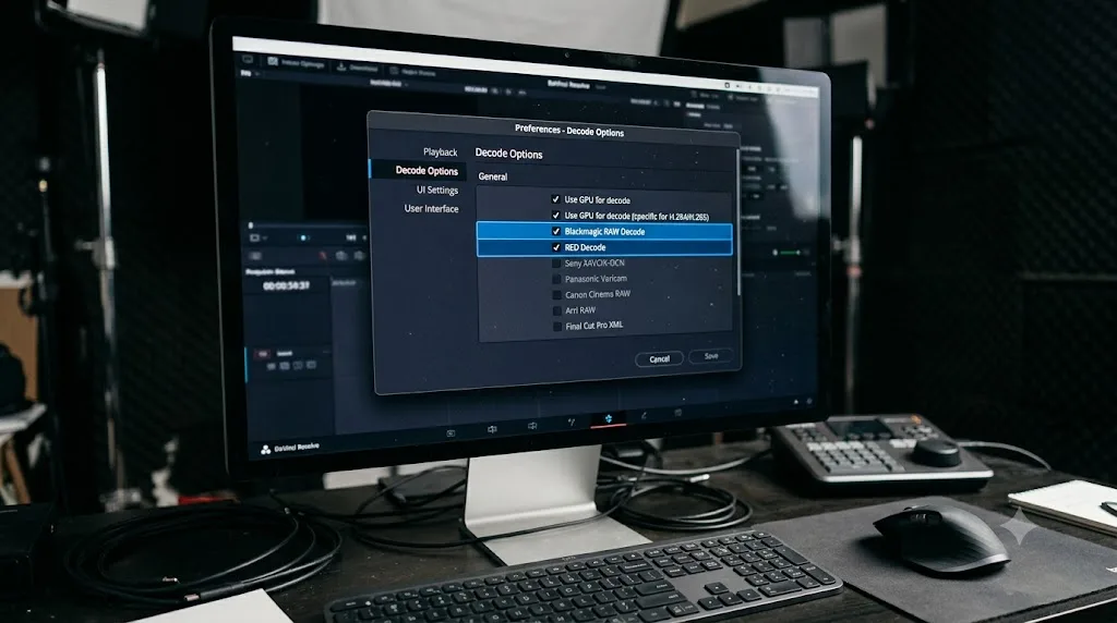 Illustration of DaVinci Resolve's Decode Options preferences panel with the GPU Blackmagic RAW decode setting highlighted