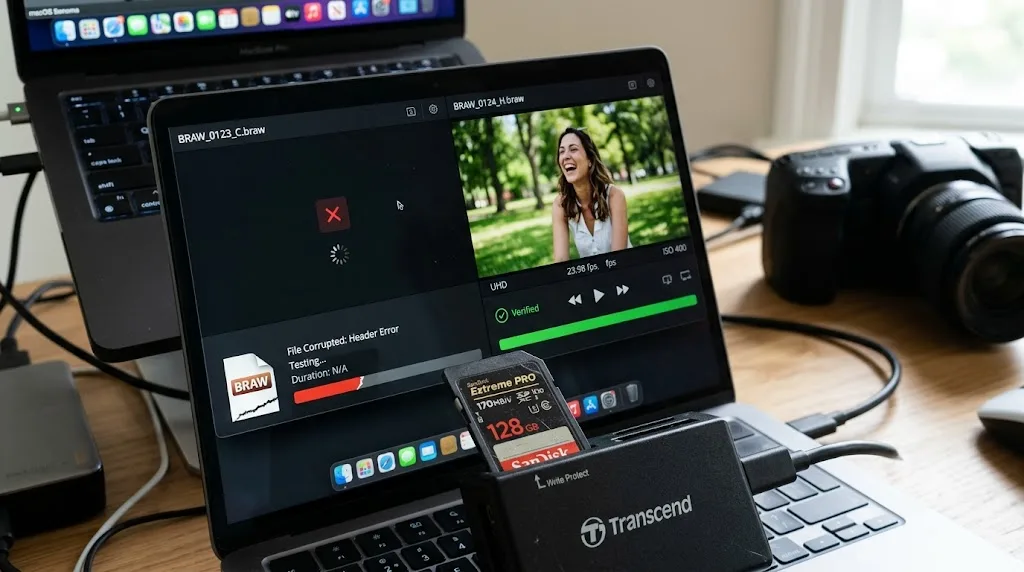 Illustration of a corrupted Blackmagic RAW file compared to a healthy file being tested in the RAW Player app