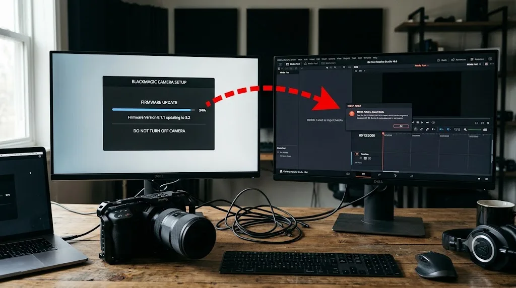 Illustration of a camera firmware update causing a Blackmagic RAW import failure in DaVinci Resolve