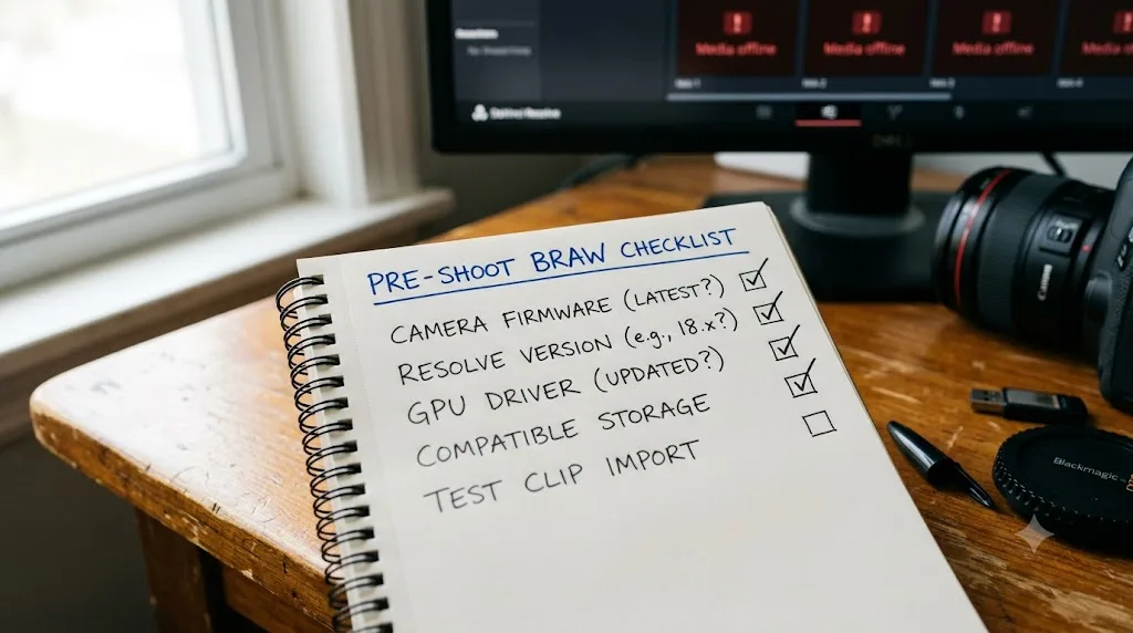 Illustration of a pre-shoot checklist for preventing Blackmagic RAW import failures in DaVinci Resolve