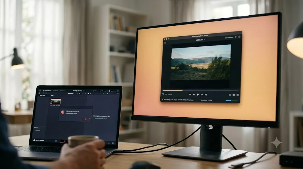 Illustration of the standalone Blackmagic RAW Player app playing a file that fails to import into DaVinci Resolve