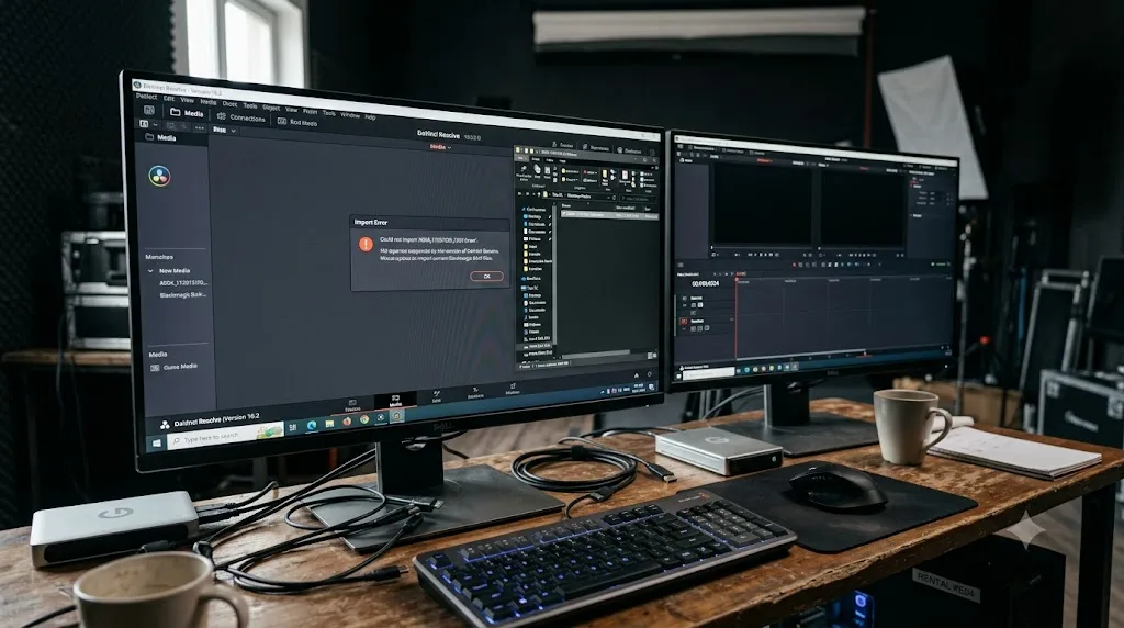 Illustration of an outdated DaVinci Resolve install on a rental workstation rejecting a newer camera's Blackmagic RAW file