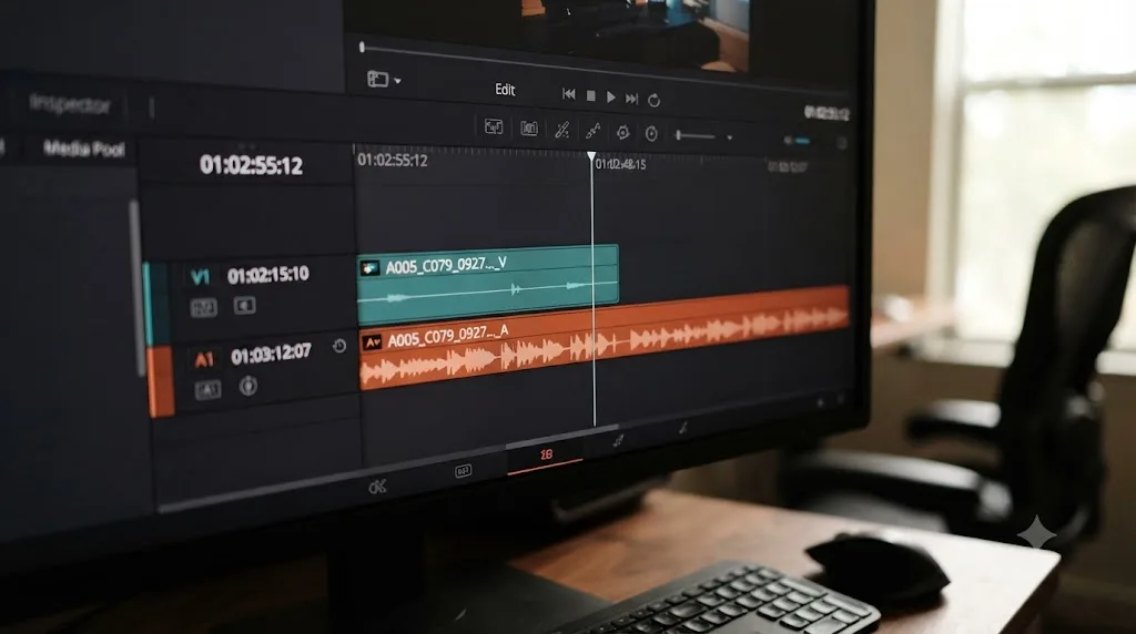 Illustration of a DaVinci Resolve clip's video track finishing early while its audio track continues, caused by a frame rate mismatch