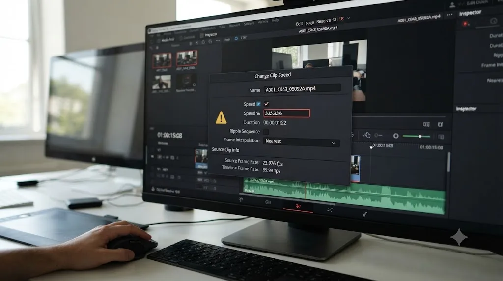 Illustration of the DaVinci Resolve Change Clip Speed dialog showing an unexpected percentage caused by a frame rate mismatch