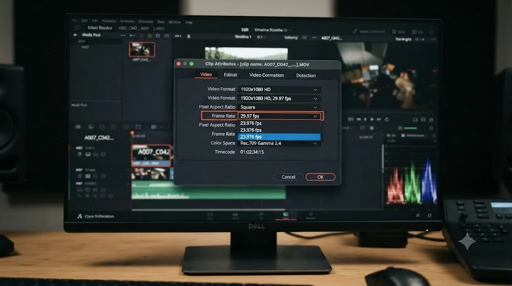 Illustration of the DaVinci Resolve Clip Attributes dialog with the Video Frame Rate field being corrected